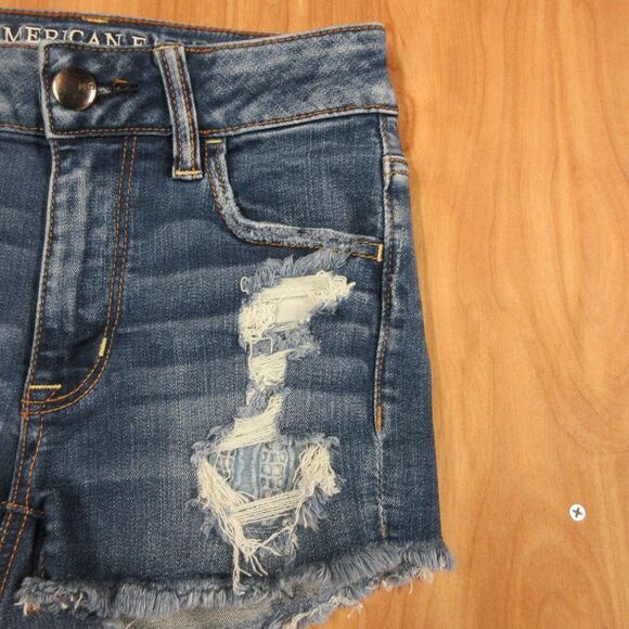 AMERICAN EAGLE Hi-Rise Shortie Womens Size 0 Frayed Hem Ripped Denim Jean Shorts - Picture 5 of 16